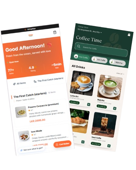 Guest mobile menus for seafood restaurant and café — categories, ratings, and live prices